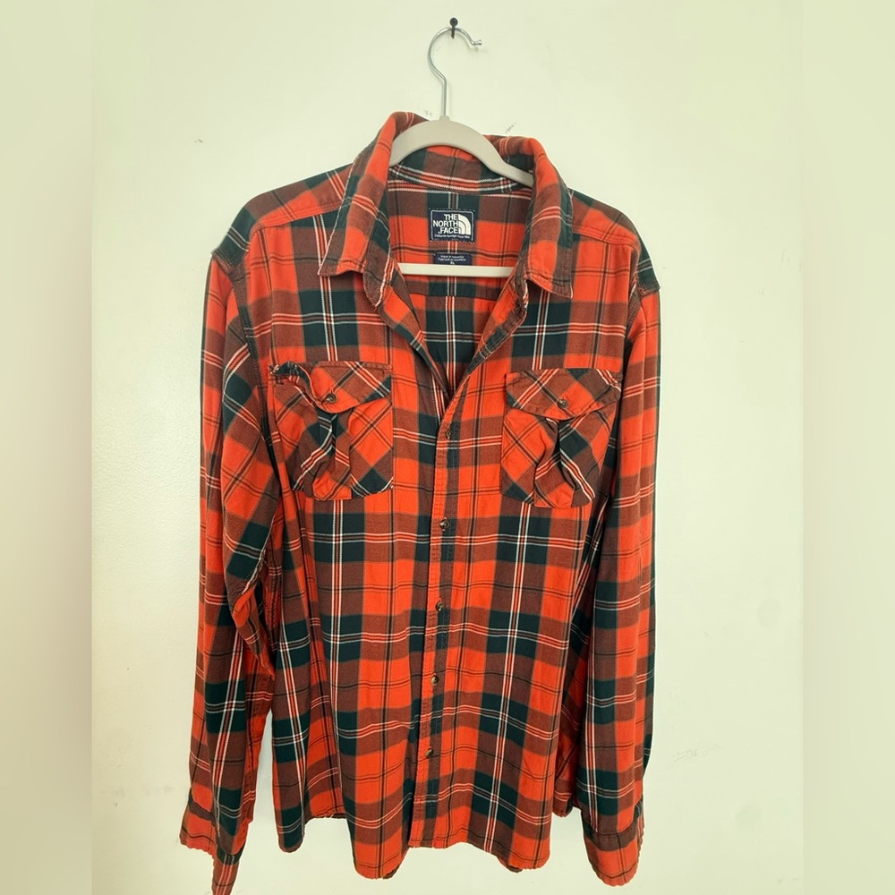 The North Face Orange and Black Plaid Casual Button Down Shirt
